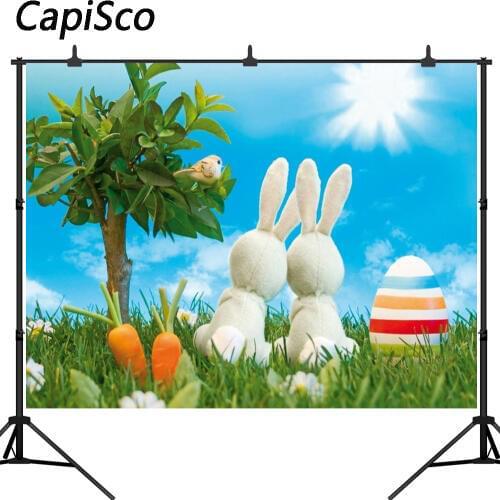 Capisco Blue sky clouds Easter Eggs Toy Rabbit lawn Photography Backgrounds Vinyl Customized Photo Backdrops For Photo Studio