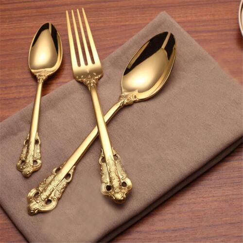 Retro Vintage Embossed Carve Gold Tableware Set Long Handle Spoons & Forks Ice Cream Tea Coffee Spoon Home Tableware