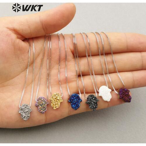 WT-N1057 Wholesale druzy stone sil ver chain necklace box chain druzy stone necklace brass chain with sil ver for women jewelry