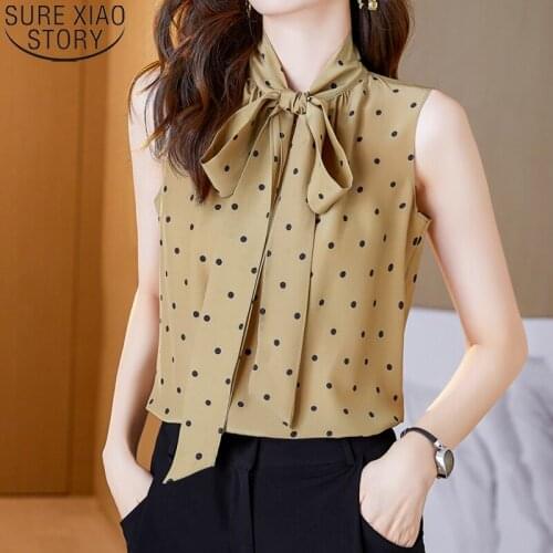 Fashion Bow Tie Stand Collar Summer Polka Dot Print Shirt Tops 2021 New Vest Blouses Women Sleeveless Shirt Clothes Blusas 16384