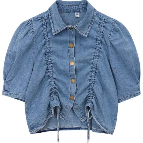 VSUE Women Denim Shirt Blue Turn Down Collar Short Sleeve Shirt Button Spring Summer Puff Sleeve Drawstring B0666