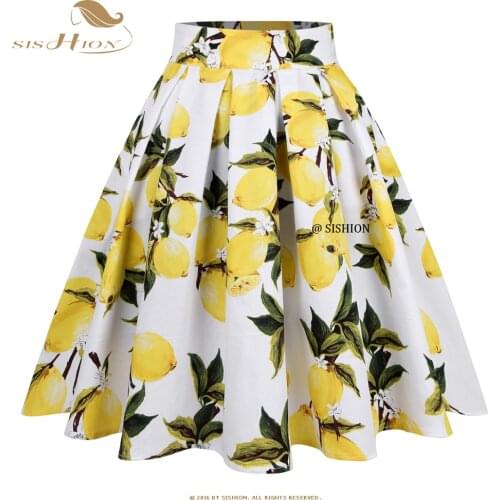SISHION XS-XXL Retro Vintage White Lemon Floral Skirt with Pockets SS0012 Y2K Faldas Skater Party Women Summer Pleated Skirt