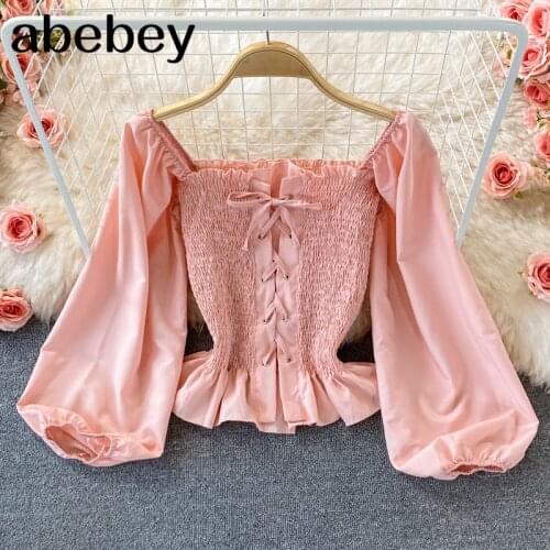 2021 New Spring Autumn French square collar long sleeve Shirt cross bandage Ruffles high waist pleated solid short Shirt Top