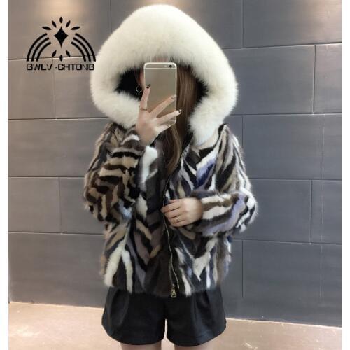 Real natural genuine mink fur coat with fox fur hood women fashion colorful fur jacket outwear custom any size
