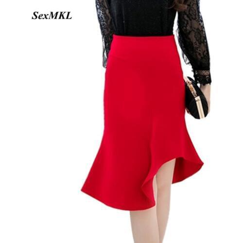SEXMKL Womens Korean Red Skirt Faldas Mujer Moda 2020 Elegant Sexy Ruffle Skirt Office Ladies High Waist Plus Size Black Skirt