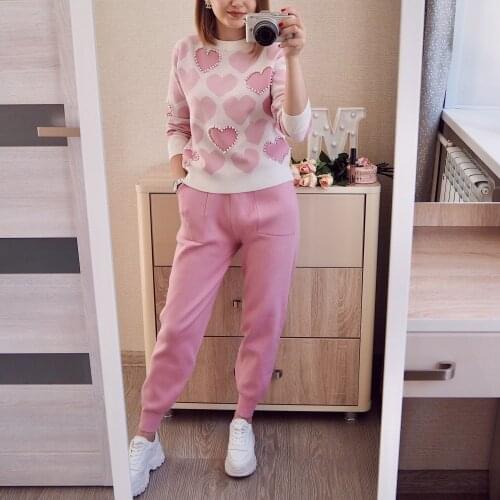 Fashion Sweet Lovely Beaded Ageing Hoodie with Sleeves + High Waist Double Pocket Lace-up Pants Womens Knitted Two-Piece Set