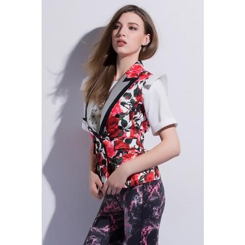 Casual Vests Spring Designer Rose Print V-Neck Single Button Pockets Fashion Elegant Baroque Women Vest