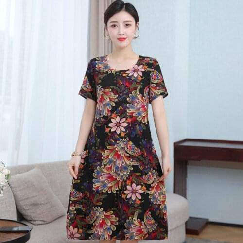 Women Summer Print Dress Elegant Casual Short Sleeve O-Neck Boho Midi Dresses Female Loose Plus Size Woman Dress Vintage XL-5XL
