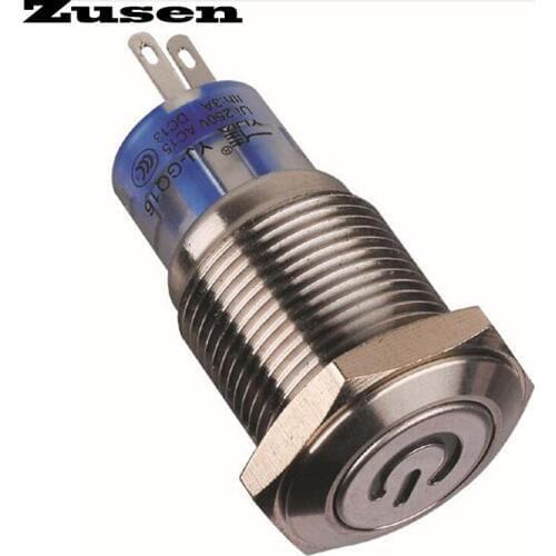 Zusen Clearance processing 16mm high-quality car engine push start button blue led(GQ16F-11DP/B/12V/S with power symbol