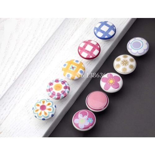 1PCS Children room cartoon handle flowers/grid knob hand-draw drawer chest door handlle ceramic handle 10 Type for choose CP480
