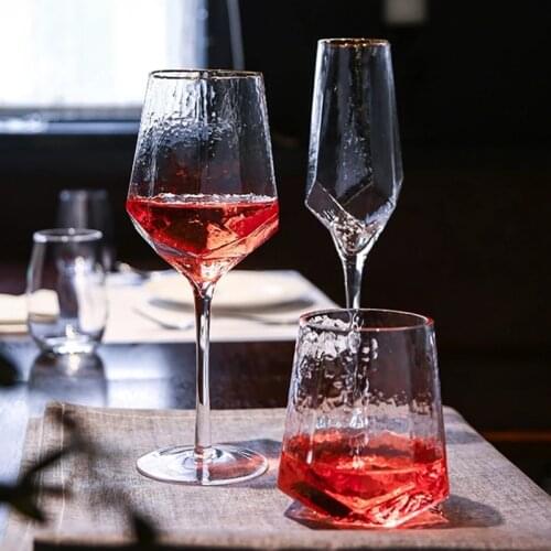 2Pcs Creative Wine Glasses Diamond Shaped Hammered Red Wine Brandy Champagne Goblet Glass Cups Home Bar Wedding Luxury Drinkware