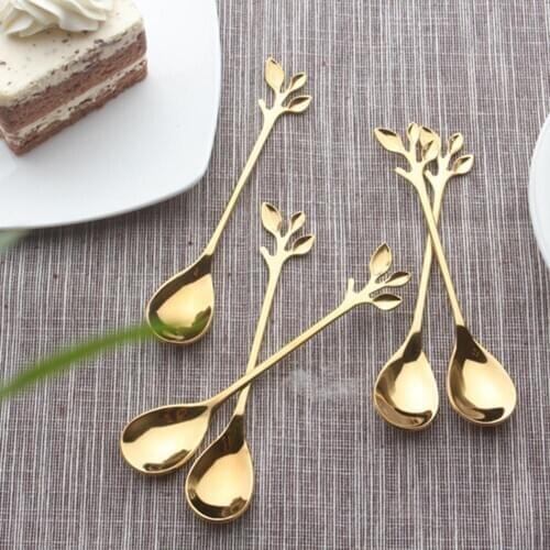 5 Pcs Vintage Exquisite Branch Shape Small Coffee Spoon Stainless Steel Mini Tea Ice Dessert Spoon Kitchen Flatware Set