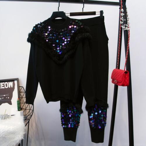 Amolapha Women Rreal Fur Handmade Sequined Knitted Pullover Sweater Pants 2 Pieces Sets Knitting Trousers Clothes Suits