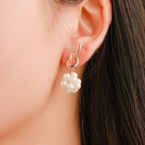 Asymmetrical Hollow Knot White Simulated Pearl Beads Matte Golden Alloy Women Dangle Earrings & Drop Earrings