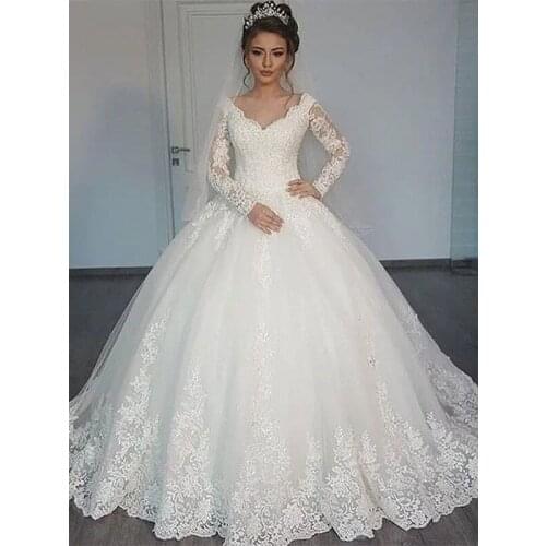 Ball Gown Long Sleeves Court Train V-neck Tulle Wedding Dresses Custom Made Bride Bridal Gown