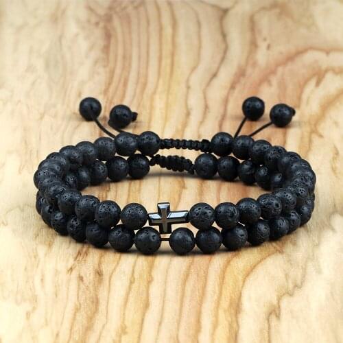 Charm Natural Stone Cross Bracelet Set Faith Black Lava Beads Bracelets Handmade Braided Men Women Prayer Fitness Couple Jewelry