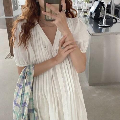 French elegant V-neck single-breasted heavy industry pleated shirt loose bubble Sleeve dress