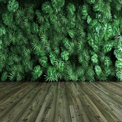 Laeacco Green Tropical Palms Tree Leaves Photo Wall Wood Floor Baby Party Portrait Photozone Photo Background Photo Backdrops