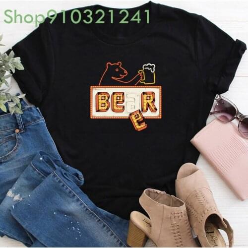 Bear or Beer T Shirt Women Printed Kawaii Clothing Woman Harajuku Casual Shirt Streetwear Short Sleeve Loose Black Tee Tops