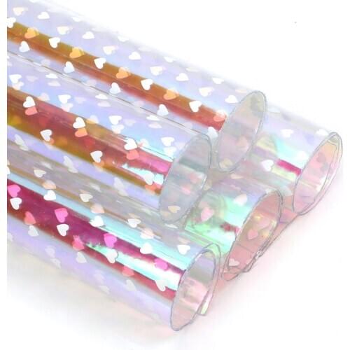 IBOWS Transparent PVC Synthetic Leather Peach Heart Printed Handmade Sheet Hair Bows DIY Shoe Bag Decoration Material 22*30cm