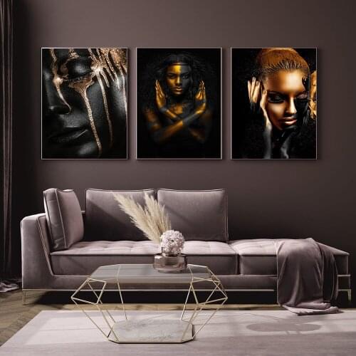 Black and Gold African Nude Woman Face Finger Painting on Canvas Poster and Print Scandinavian Wall Art Picture for Living Room