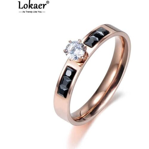 Lokaer Classic Titanium Stainless Steel Rings Micro White/Black Rectangle CZ Crystal Wedding Engagement Ring For Women R18012