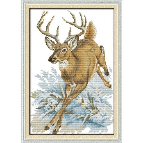 Animal Deer Cross Stitch Kit, 11CT 14CT Printed Run Deer Handmade Furniture Sewing Embroidery Wall Decoration Hanging Picture