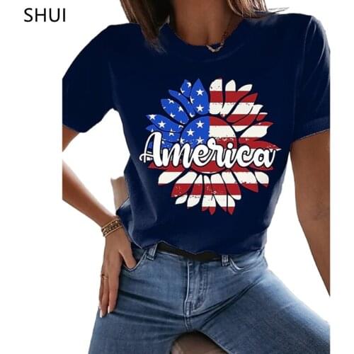 2021 Summer New 3D T-shirt American Flag T-shirt Womens Sexy Round Neck Printed Stars Stripes American Flag Ladies Clothing