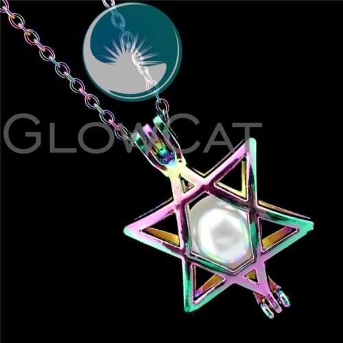 R-C26 Rainbow Colors David Star Beads Cage Pendant Perfume Diffuser Aromatherapy Stone Pearl Cage Locket Necklace