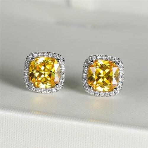 Luxury Yellow Crystal Square Stone Stud Earrings For Women Wedding Jewelry Vintage Fashion Rainbow Zircon Silver Color Earrings
