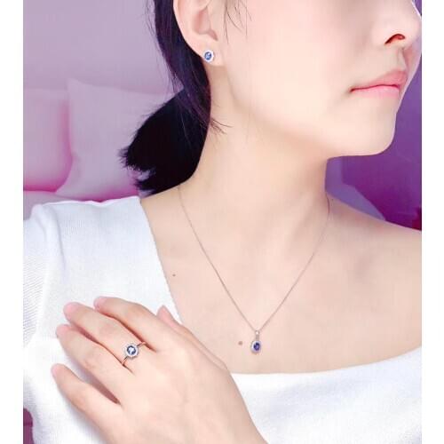 The Best engagement Gift Sapphire jewelry set Natural Real Sapphire 925 sterling silver 1pc pendant,1pc ring,2pcs Earring