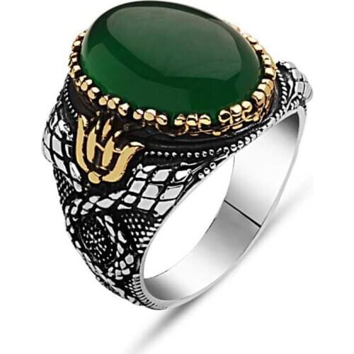 Silverlina Silver Green Agate Stone Men 'S Ring