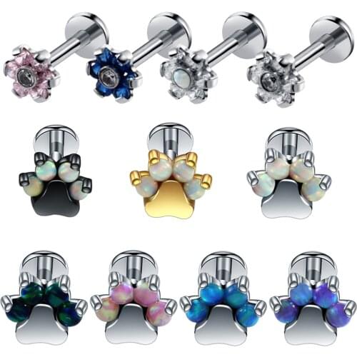 1PC Steel Opal Flower Helix Barbell Labret Studs Lip Monroe Bar Piercing Flower Cartilage Earring Tragus Bar Conch Rings Jewelry