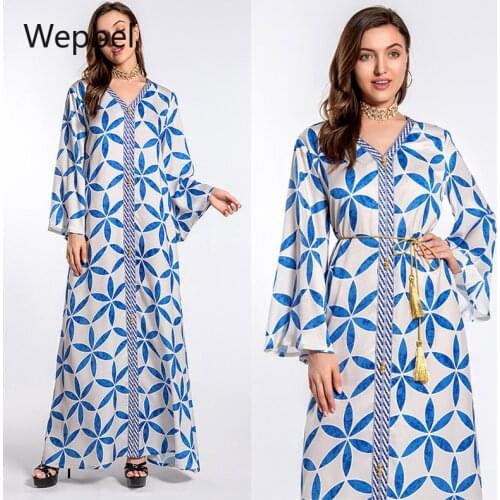 Wepbel Muslim Women Dress V-neck Islamic Clothing Robe Fashion Printed Abaya Lace Robe Dress Hijad Musulman Djellaba Dress
