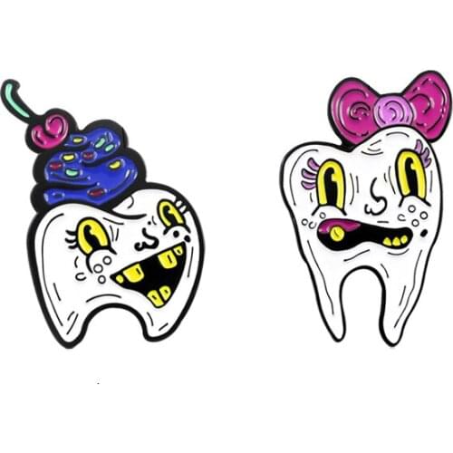 Funny tooth brooch Cartoon colorful bow with shiny expression personality badge Cute Women Leather sweater Lapel Pin Accessories