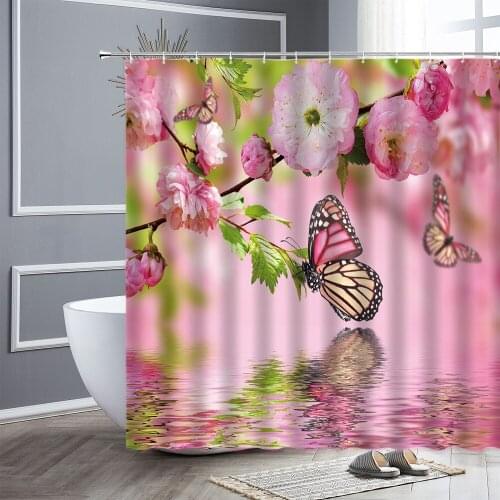 Flowers Lily Red Rose Butterfly Natural Fresh Shower Curtain Bathroom Decor Waterproof Polyester Fabric Hooks Bathroom Curtains