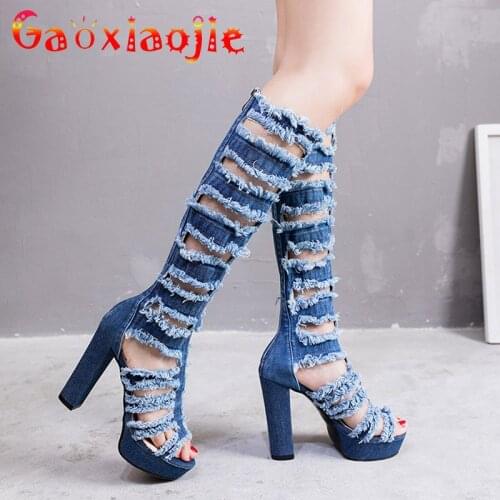 Summer Denim Cloth Ripped Hole High Heels Roman Style Platform Women Casual Boot Knee High Hollow Fashion Long Cool Boots Shoes