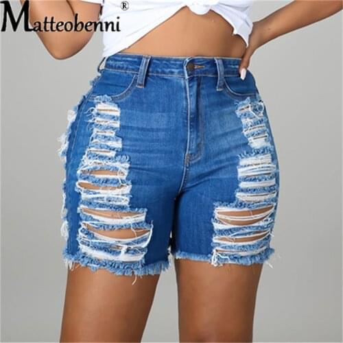 2021 Plus Size Blue Ripped Cut Out Denim Shorts With Tassel Women Streetwear High Waist Hollow Out Sexy Hole Jean Shorts Female