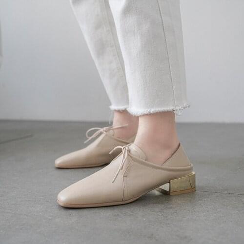 2021 Autunmn New Genuine Leather Flats Casual Lace-up Square Toe Womens Shoes Deep Mouth Platform Shoes