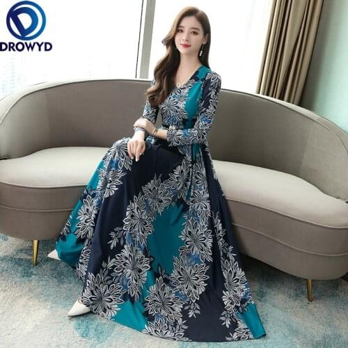 Women Spring Fashion Print Beach Elegant Dresses Long Sleeve Pullover Temperament Bandage Casual Long Dress Sexy Party Vestidos