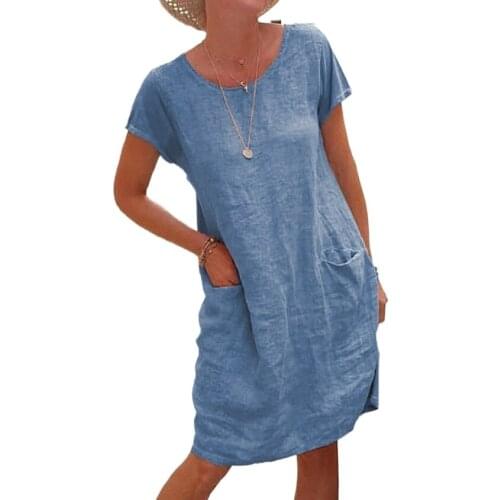 Women Dresses Summer 2021 Sexy O-Neck Casual Boho Beach Dress Cotton Linen Short Sleeve Straigh Loose Pocket Mini Sundress Robe