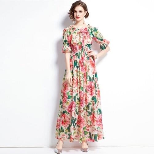 Womens Runway Summer Autumn Printing Floral Long Sleeve Sexy Slash Neck Ruffles Elastic Waist Plus Size Floor Length Maxi Dress