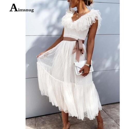 Women Elegant Leisure Casual Ruffled Dress Sexy V-neck Puff Sleeve Party Dress 2021 Summer New Patchwork Mid-Calf Dresses Femme