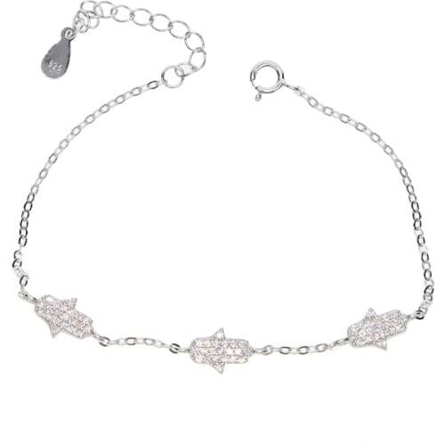 100% 925 sterling silver factory design three cz hamsa hand charm delicate girl women jewelry sparling hamsa hand bracelet