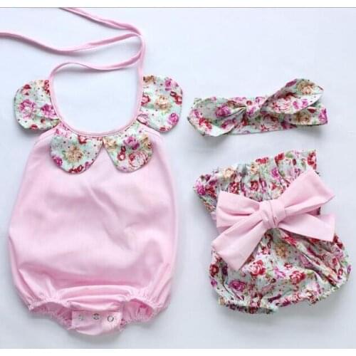 2016 hot sale lovely infant toddler baby girl flower collars romper +headband+ shorts clothing new born girl cotton clothes