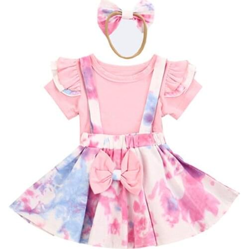 2021 Fashion Girl Dress Toddler Kids Baby Girl Bow Tie-dye Dress Tops Suspender Skirt Outfits Set Girl Clothing Bimba #l