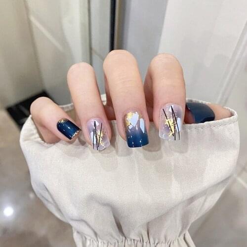 24pcs Blue Gold Foil False Nails Short Paragraph Fashion Manicure Press On Full Cover Wearable Acrylic Nail Tips With Glue