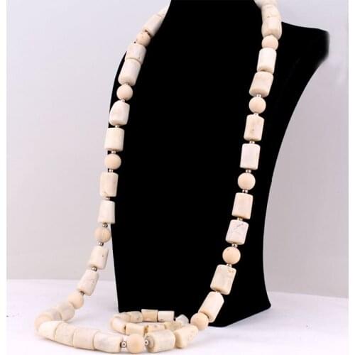 4Ujewelry 43 Inches African Coral Beads Nigerian Wedding Necklace Sets For Men Long Design With Wood Balls