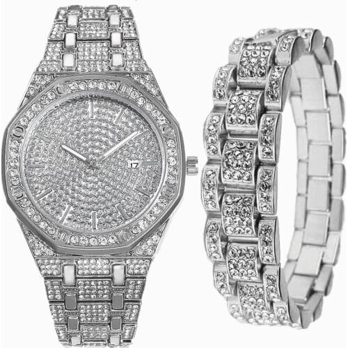 New Style Watch for Men Luxury Iced Out Watch + Bracelet Cuban Link Chain Bling Bangle Mens Watch Set Jewelry Set Clock Relogio