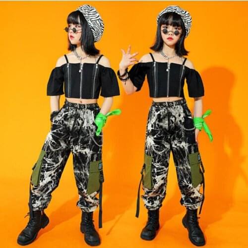 Kids Cool Ballroom Hip Hop Costumes Crop Tank Tshirt Camo Pants Girl Performance Street Jazz Modern Dance Clothing Rave Outfits